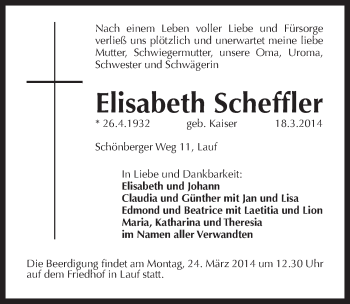 Traueranzeige von Elisabeth Scheffler von Pegnitz-Zeitung